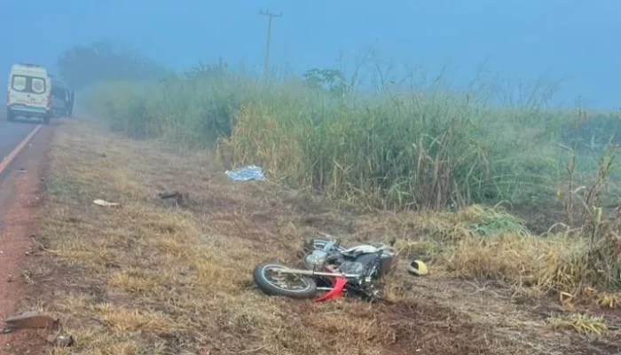 Moto caída ao lado da rodovia no local do acidente que matou condutor, na MS-164 (Foto: Ponta Porã News)