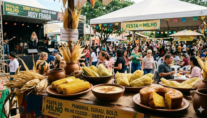 O ponto alto do evento é a praça de alimentação com receitas exclusivas à base de milho. Imagem ilustrativa gerada por IA